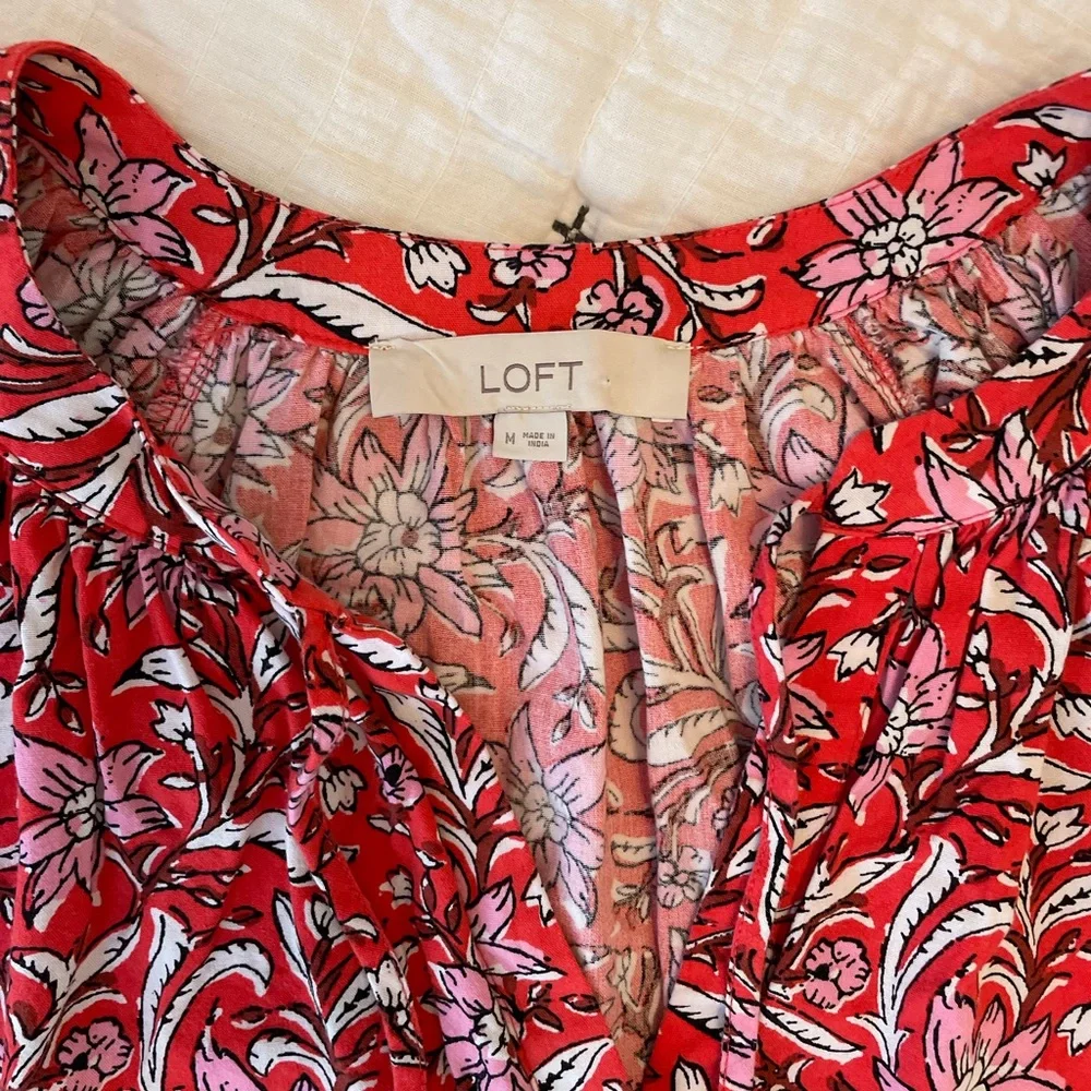 LOFT Spring Bloom Tie Neck Puff Sleeve Floral Puff Sleeve Peasant Top Size M